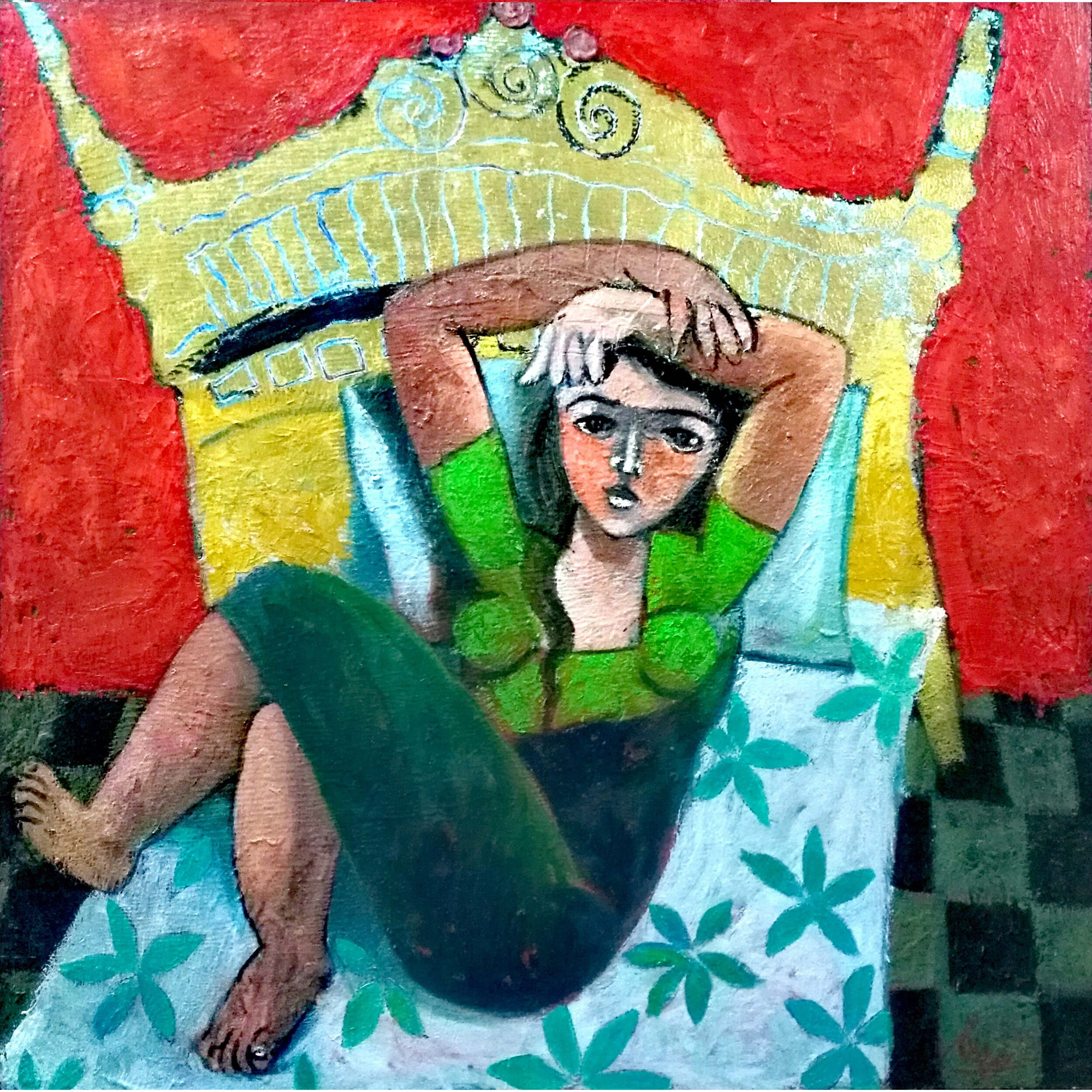 Omar Abdel Zaher Reclining Woman, 2015 oil on wood 70 x 70cm, signed & dated