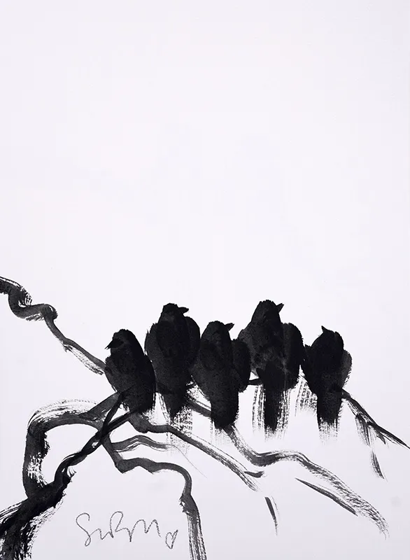 5 Birds on a Branch Acrylic on Paper Simon Bull 15x11