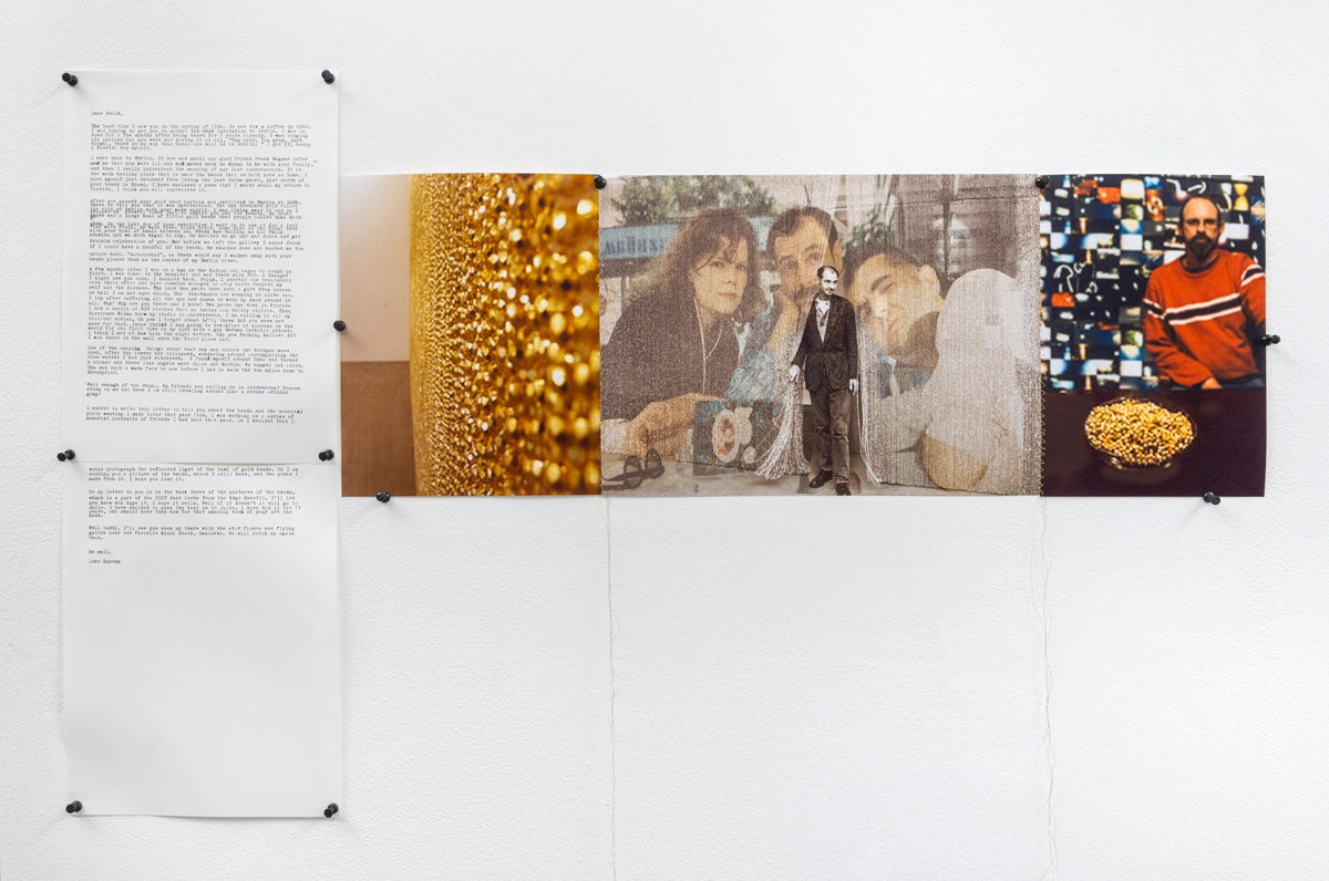 Hunter Reynolds, Diary Piece: Julie Ault, Frank Wagner, Felix Gonzalez-Torres, 2018, Photo-weaving with chromogenic prints and thread and typewrite on paper 24.2 x 69.5 cm, 9 1/2 x 27 3/8 in