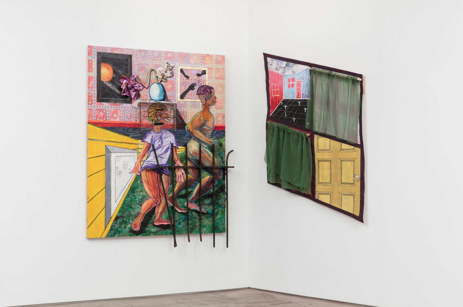 Devin N. Morris, 12:44 pm; And Then A Breeze Swept Across the Floor, Stirring Out The Window In Disbelief, 2019, Left panel: Acrylic, oil pastel, tensile, watercolor, iron gate, collage, plexiglass, leather, glass tray, plastic beads, plastic keychain, me