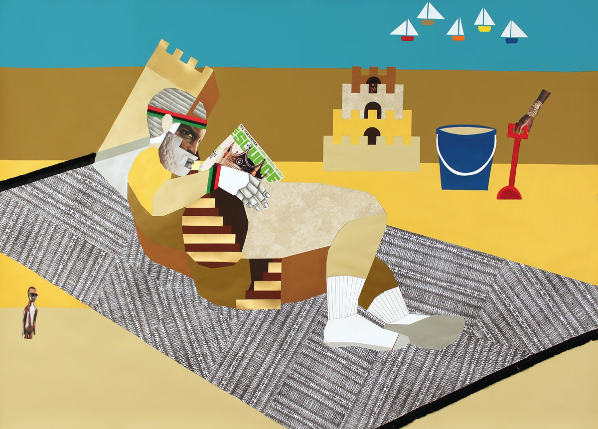 Derrick Adams, Voyager's Retreat, 2013, mixed media collage on paper, framed: 137.5 x 194 x 5 cm, 54 1/8 x 76 3/8 x 2 in, Unframed Dimensions: 127 x 182.9 cm, 50 x 72 in