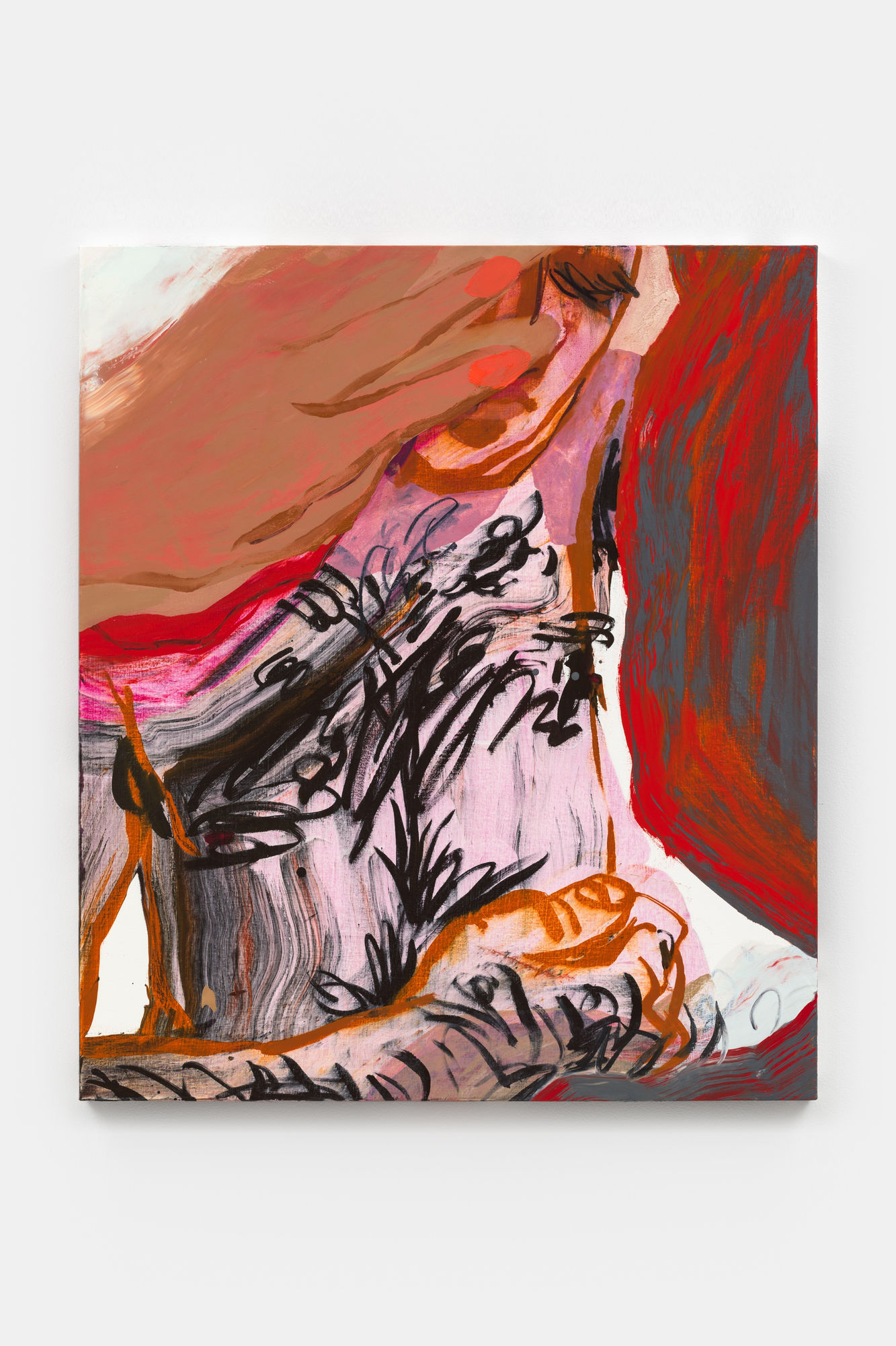 Painting vividly depicting bodies close with hands stretched across the surface. Paint is smeared and dripping on the canvas.