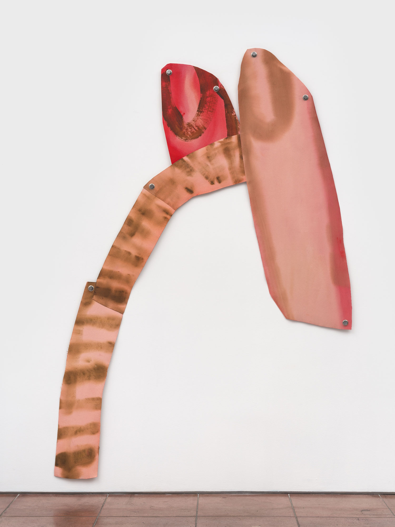 A cut canvas painting featuring two fingers pointed up and an arced tube-shaped piece emerging from their center, arced downwards.