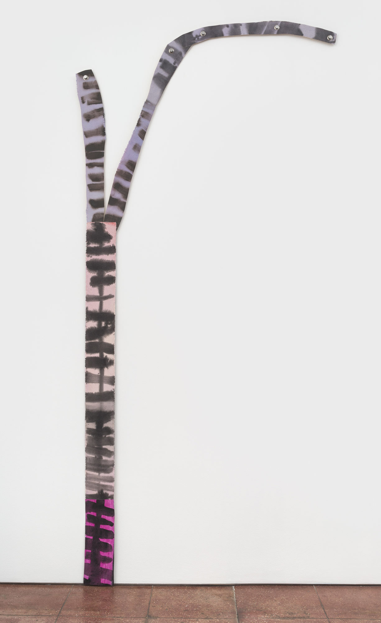 A cut canvas painting splitting into two arches in the middle, with pink and blue color and black contours.