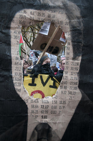 Detail of Kennard Phillips, Head, 2011, Pigment ink and PVA on newspaper, wood, metal clamps and vices, 330 x 243 cm, 129 7/8 x 95 5/8 in