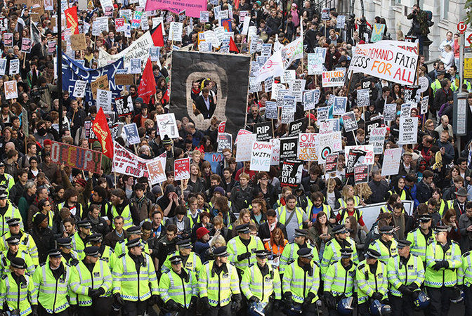 Students protesting with police