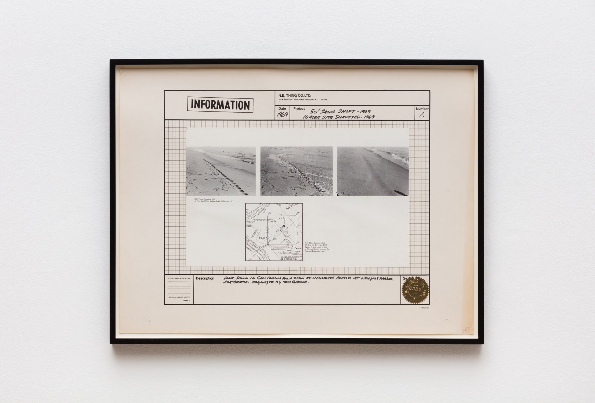 IAIN BAXTER& / N.E.Thing Co., 50' Sand Shift - 1969, 10 Acre Site Surveyed - 1969, 1969, Silver gelatin print, ink, paper, foil seal, and offset lithograph on paper, 45 x 60.5 cm, 17 3/4 x 23 7/8 in, Framed: 49 x 64.3 x 3 cm, 19 1/4 x 25 1/4 x 1 1/8 in