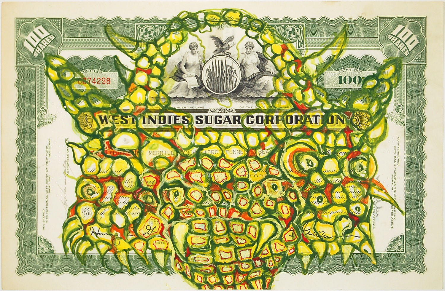 Hew Locke, West Indies Sugar Corporation, 2009, Acrylic on antique paper share certificate, 22 x 30.7 cm, 8 5/8 x 12 1/8 in, Framed: 27.8 x 38 cm, 11 x 15 in