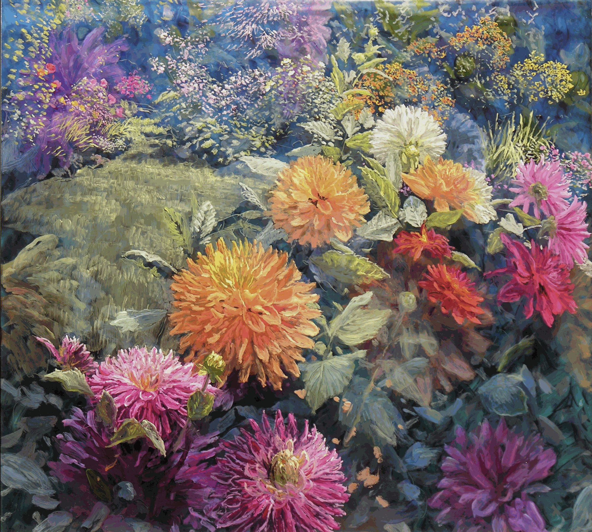 Martin Weinstein, Dahlia Bed, Afternoon and Evening, acrylics on multiple acrylic sheets, 28" x 31.5" x 3.5" 2018