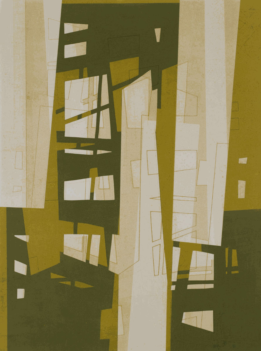 Christine Beneman, Under Construction XVII, color collograph monoprint, 2021, 30”x 22”