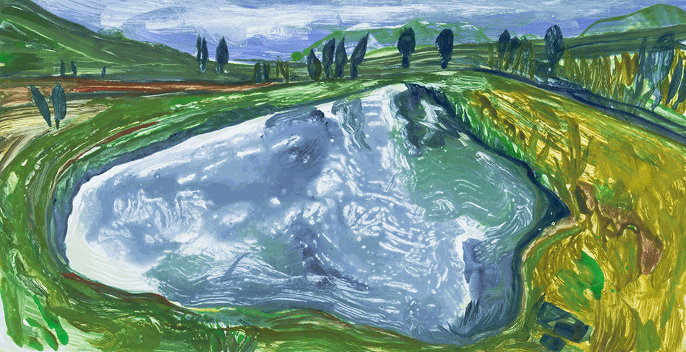 Deborah Freedman, Still Waters 1, watercolor monotype, 2022, 18" x 35" paper size 27"x 41"