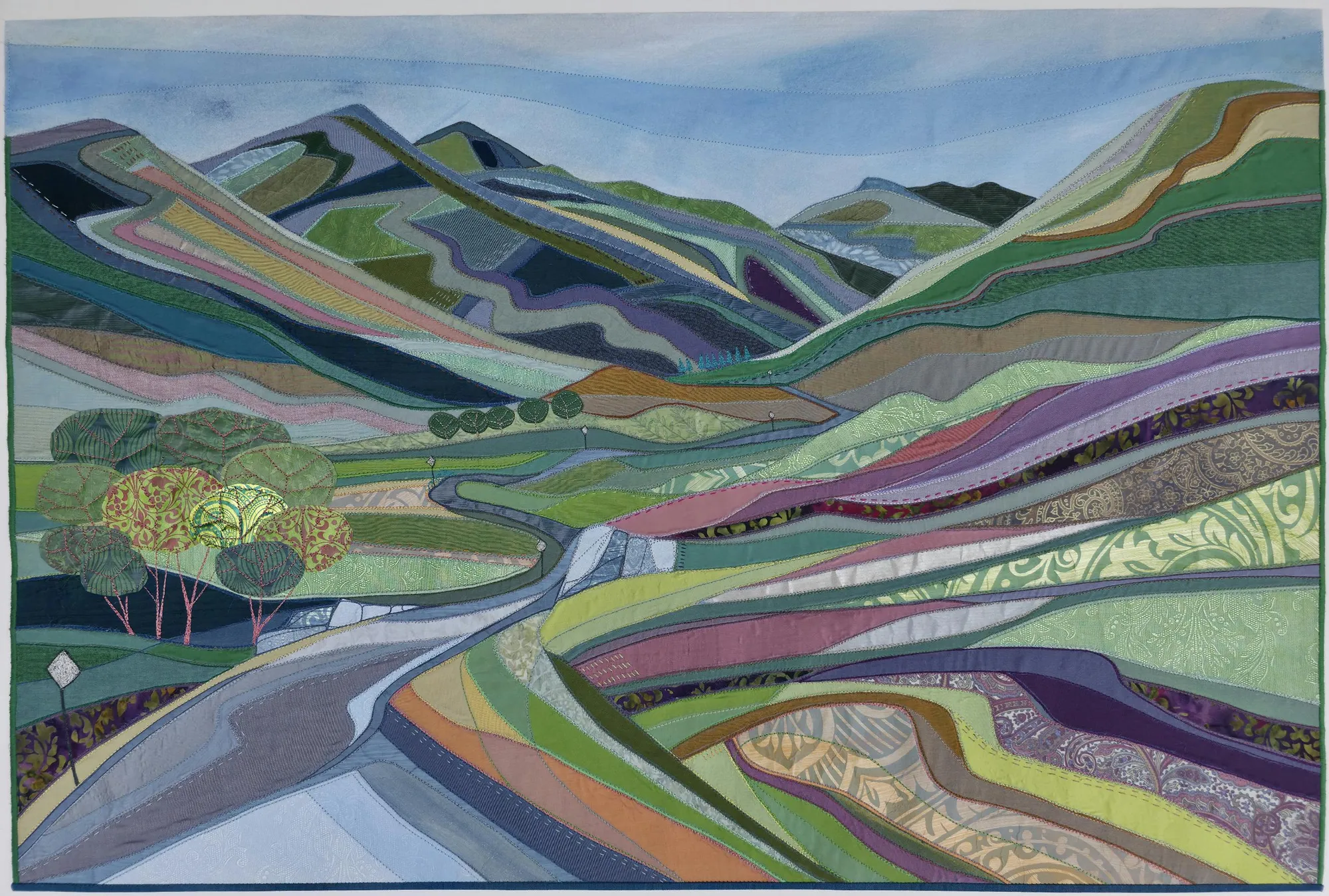 Alt textbuy art artwork highland scottish dingwall alchemist gallery debbie lee textile collage stitched original landscape lines of the landscape Meall Fuar-Mhonaidh