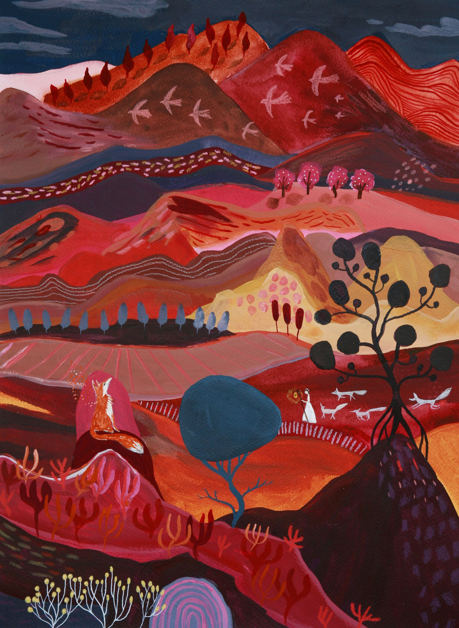 buy art artist Bo Gort Indigo Snow Ullapool Highland Scotland NC500 fairytale folklore myth legend fantasy folk art naive dreamworld liminal exhibition stars roots and feathers acrylic on paper fox herder's journey continues