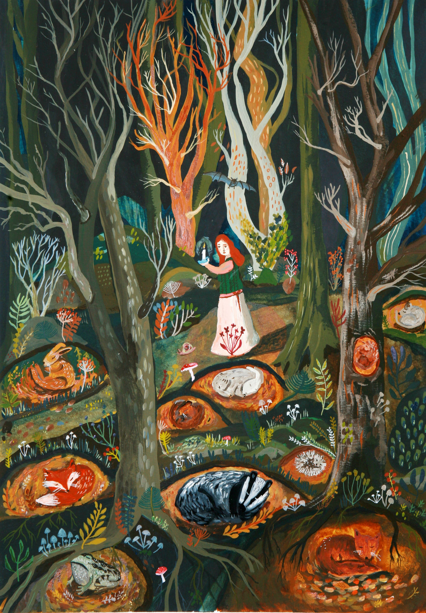 buy art artist Bo Gort Indigo Snow Ullapool Highland Scotland NC500 fairytale folklore myth legend fantasy folk art naive dreamworld liminal exhibition stars roots and feathers acrylic on paper wherever you are is called here