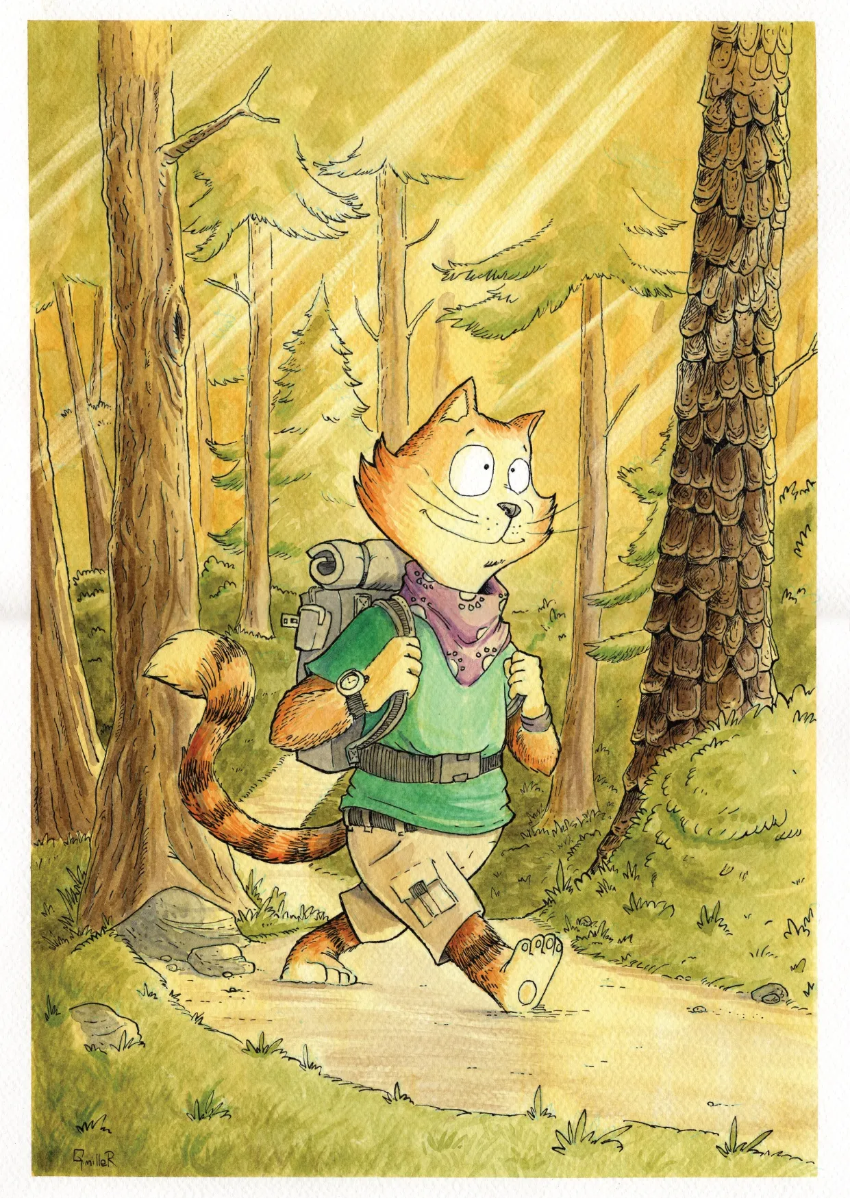 buy art by Artist Gary Miller, Giddy Monster, highlands Scotland Scottish watercolour ink animal stylized humerous alchemist gallery dingwall phileas purr loves a 40 foot purr cat explorer woods 2024 exhibition