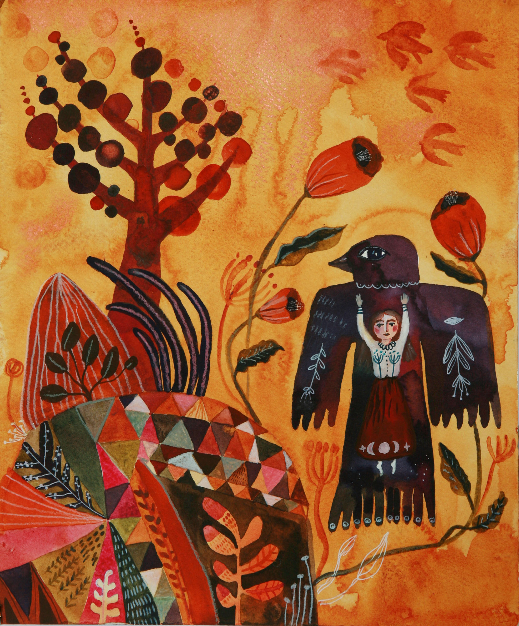 buy art artist Bo Gort Indigo Snow Ullapool Highland Scotland NC500 fairytale folklore myth legend fantasy folk art naive dreamworld liminal exhibition stars roots and feathers watercolour and gouache on paper the discourse of birds