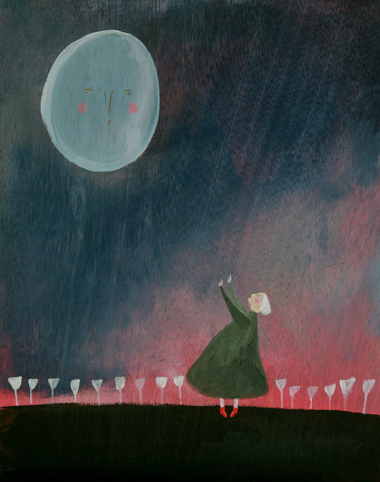 buy art artist Bo Gort Indigo Snow Ullapool Highland Scotland NC500 fairytale folklore myth legend fantasy folk art naive dreamworld liminal exhibition stars roots and feathers acrylic on wood offering flowers to the moon