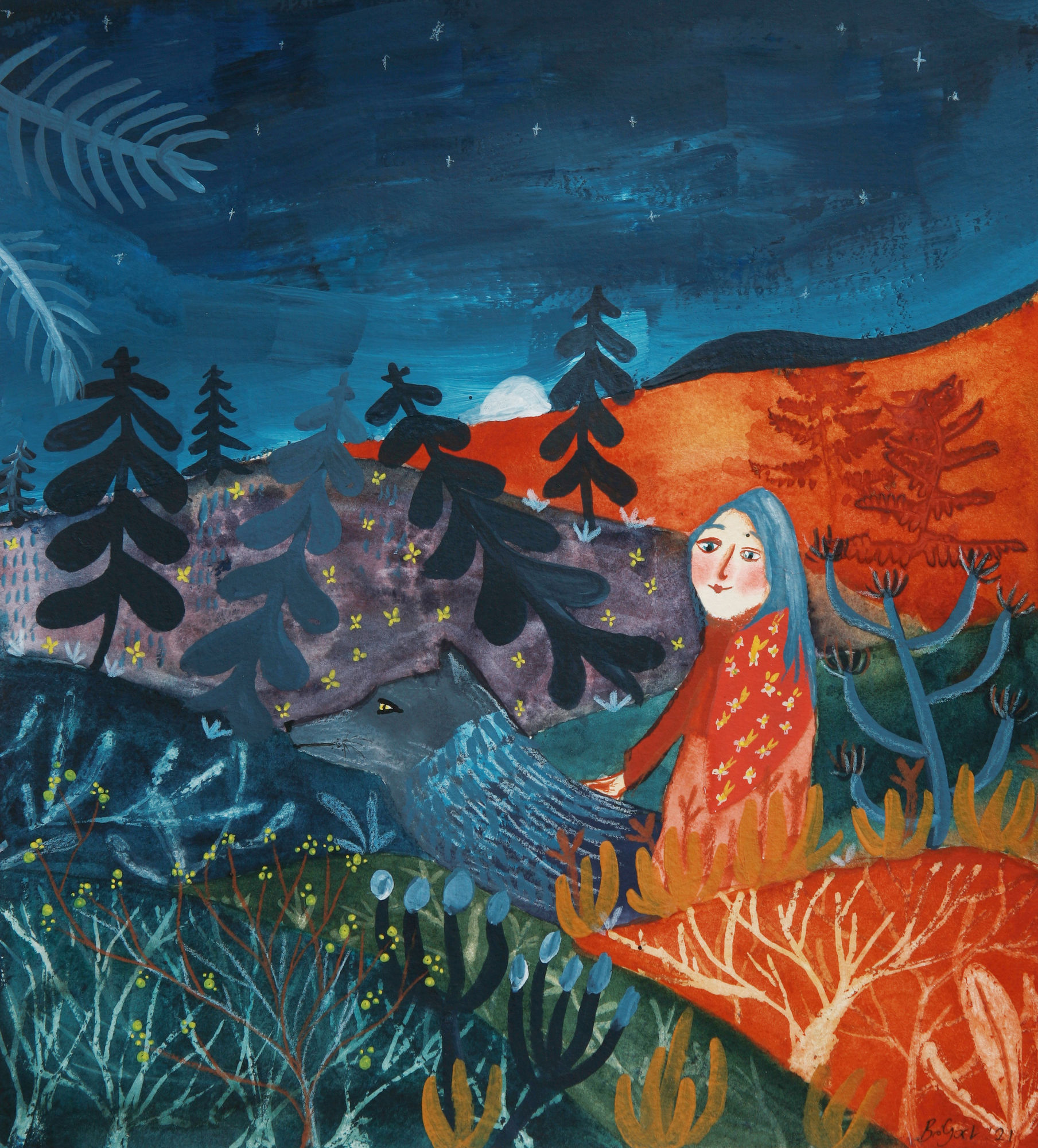 buy art artist Bo Gort Indigo Snow Ullapool Highland Scotland NC500 fairytale folklore myth legend fantasy folk art naive dreamworld liminal exhibition stars roots and feathers gouache and watercolour on paper the old songs are waking