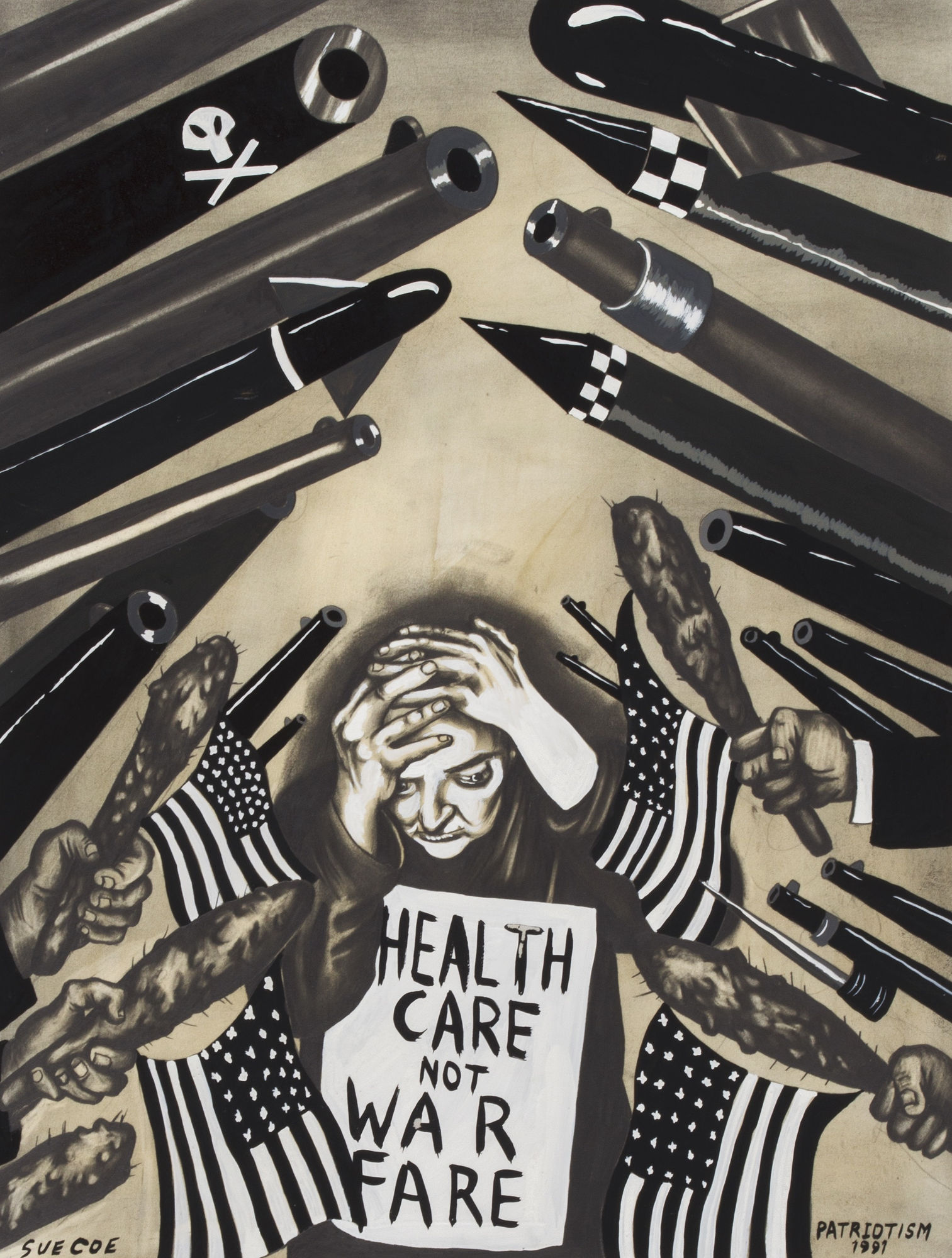 Drawing by Sue Coe shows a woman with her hands on her head in a defensive position surrounded by American flags and weapons of war. She holds a sign that reads "Healthcare not warfare."