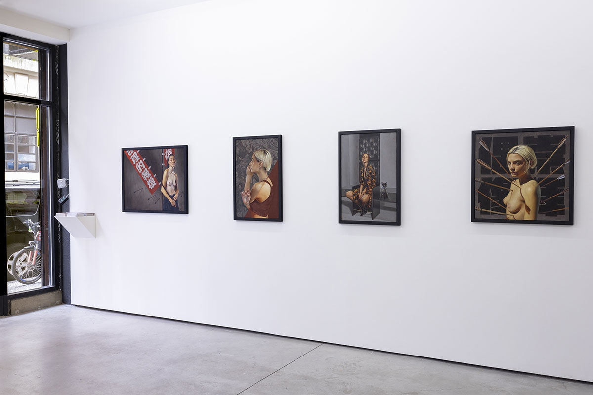 Installation view of the Figuratively Speaking exhibition featuring Aaron Nagel, John Wentz, Kip Omolade and Riley Holloway, on view at Harman Projects NYC, August 2023.