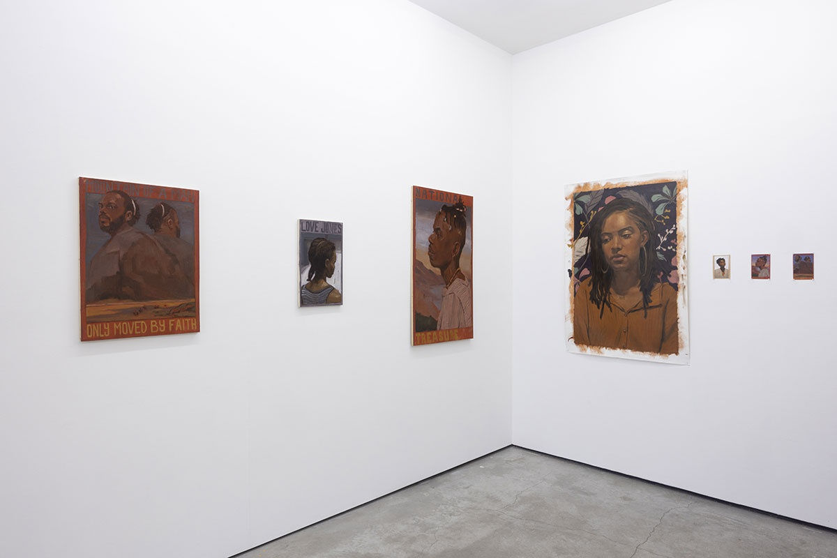 Installation view of the Figuratively Speaking exhibition featuring Aaron Nagel, John Wentz, Kip Omolade and Riley Holloway, on view at Harman Projects NYC, August 2023.