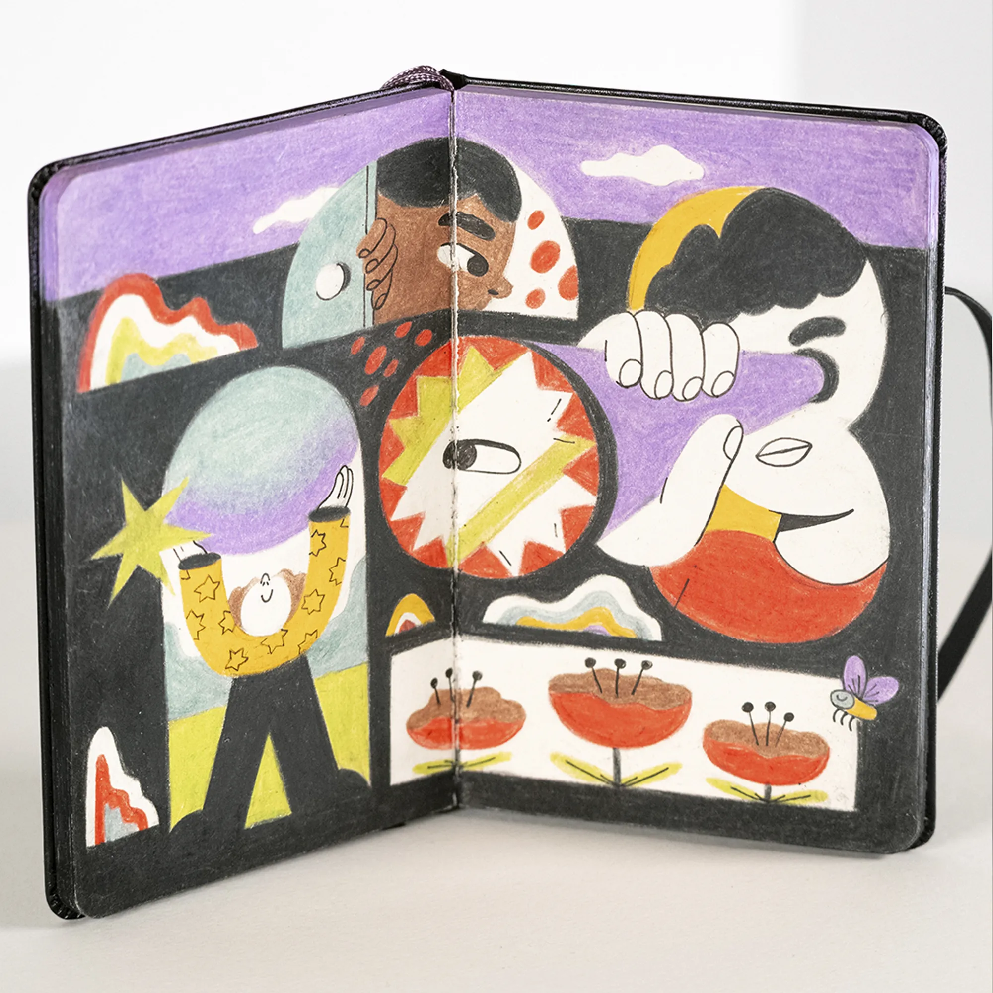 illustration of cartoon people drawn inside of a notebook