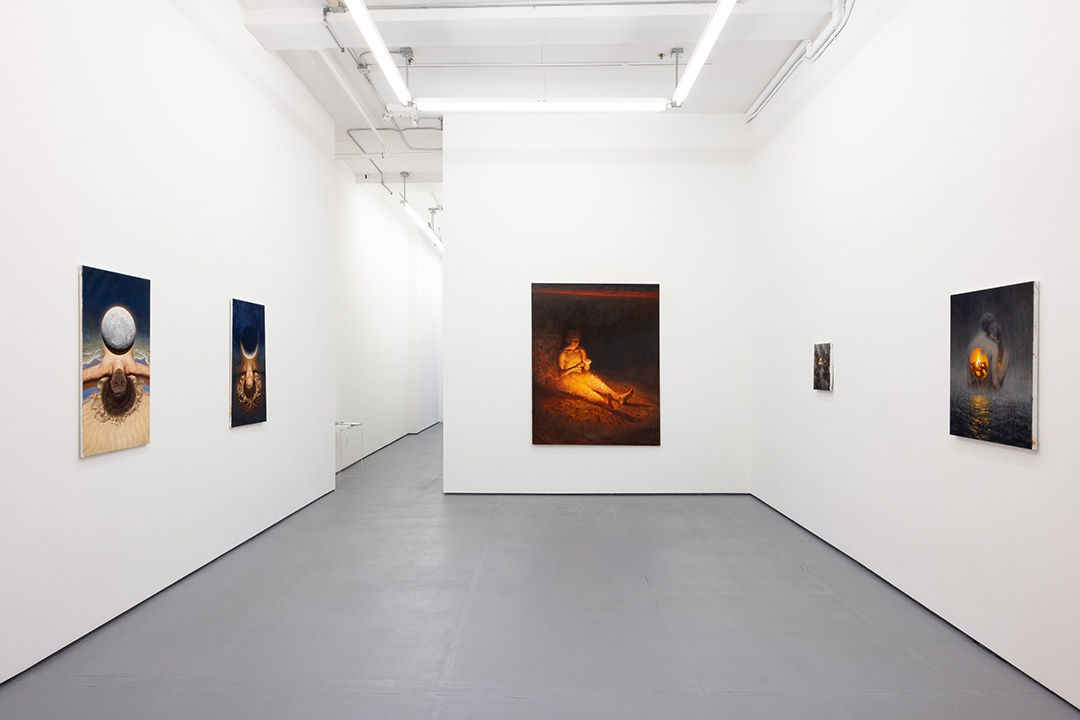 installation photo of paintings on white walls at the Miles Johnston exhibition