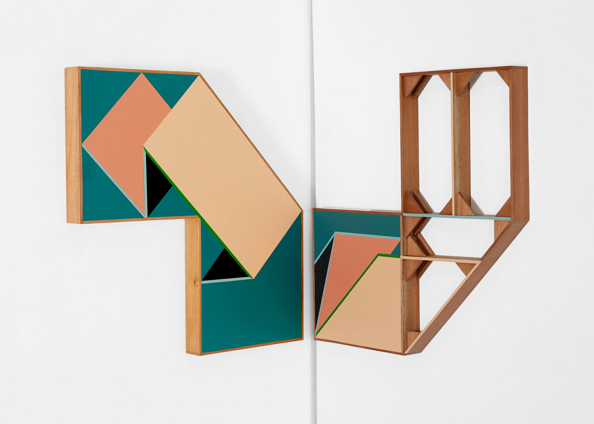 Ernesto García Sánchez Polimorfos - beta fish and trick or treat, 2025 Acrylic on Wood Panel 60 x 60 cm each / 23.6" x 23.6" Total size: 155 x 67 cm / 61" x 26.4"