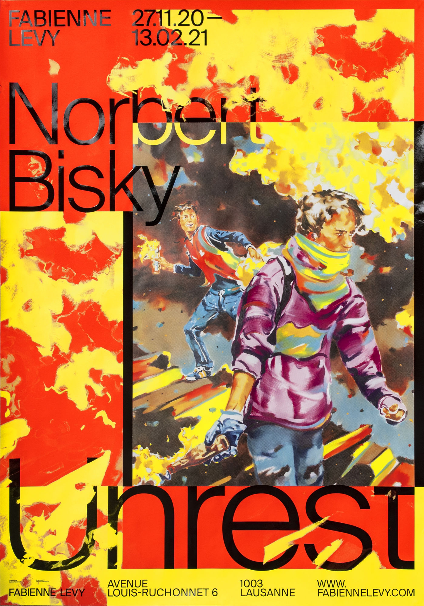 Show Poster – Norbert Bisky – Unrest, 2020 (Red) 4 colors silkscreen with varnished letters on Blueback paper 115gr 128 x 89.5 cm Total printed: 100 Graphic design: © Balmer Hählen Printed by Lézard Graphique