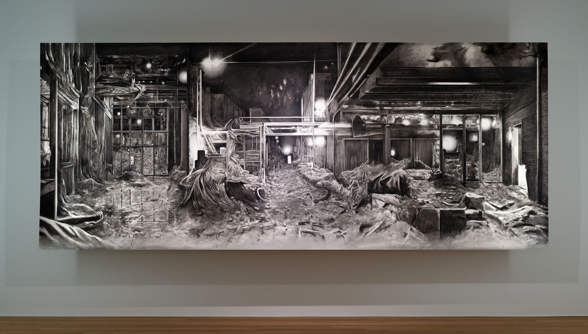 Tobias Nussbaumer, UNZEIT., 2025, Black coloured pencil and ink on paper, 176 x 430 cm.