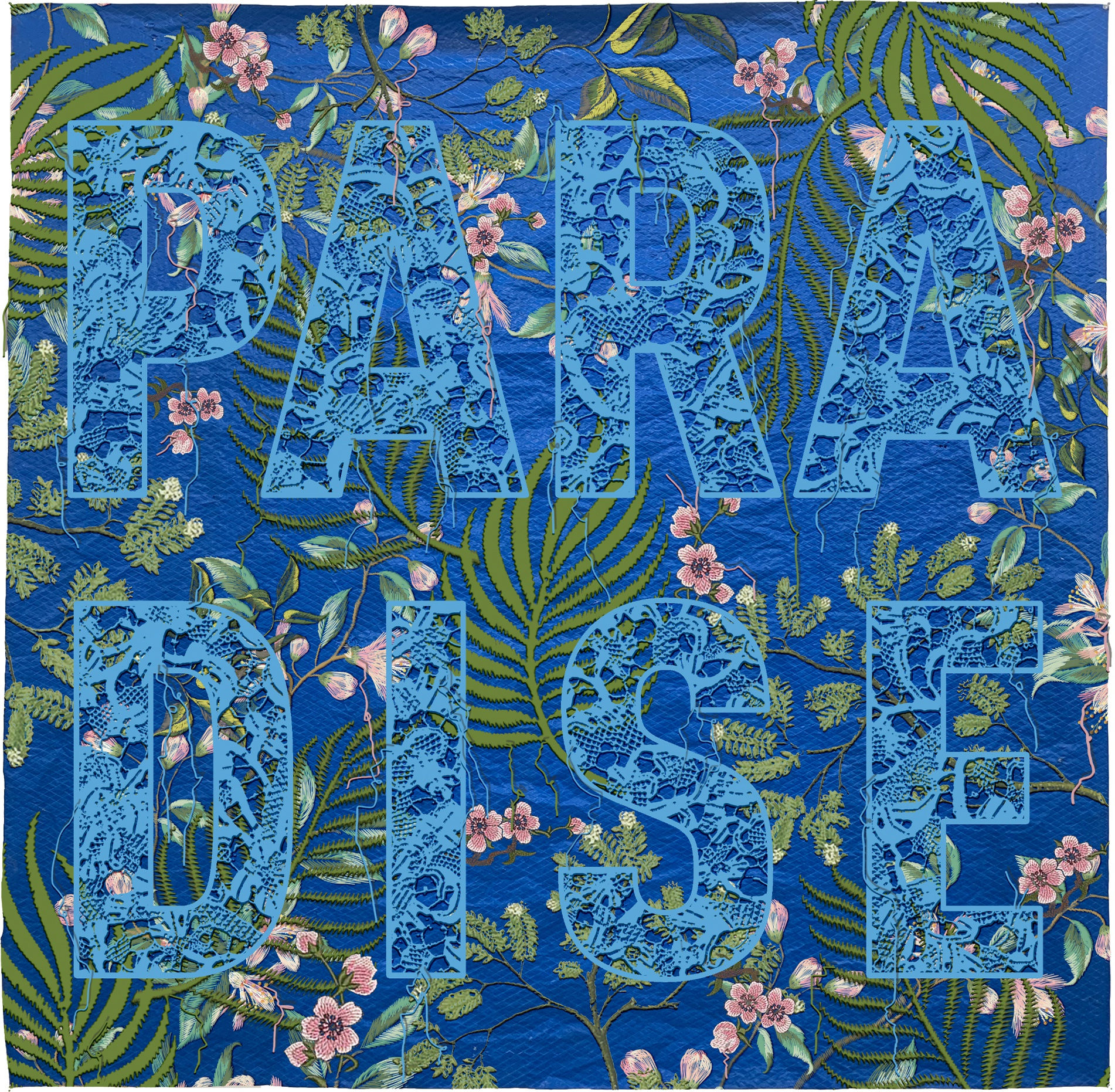 Carlos Rolón Paradise, 2023 Fabric, thread, enamel on repurposed polyethylene tarp 68 x 68 in 172.7 x 172.7 cm