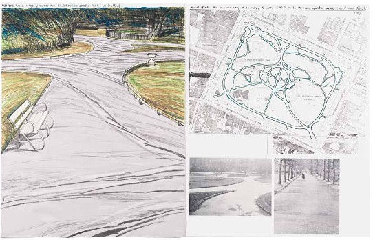 Christo Wrapped Walk Ways, Project for St. Stephen's Green Park, Dublin, 1983 Lithograph with collage of white cloth 28 x 44 in 71.1 x 111.8 cm Edition of 100 + XXV copies + 20 AP + some LP