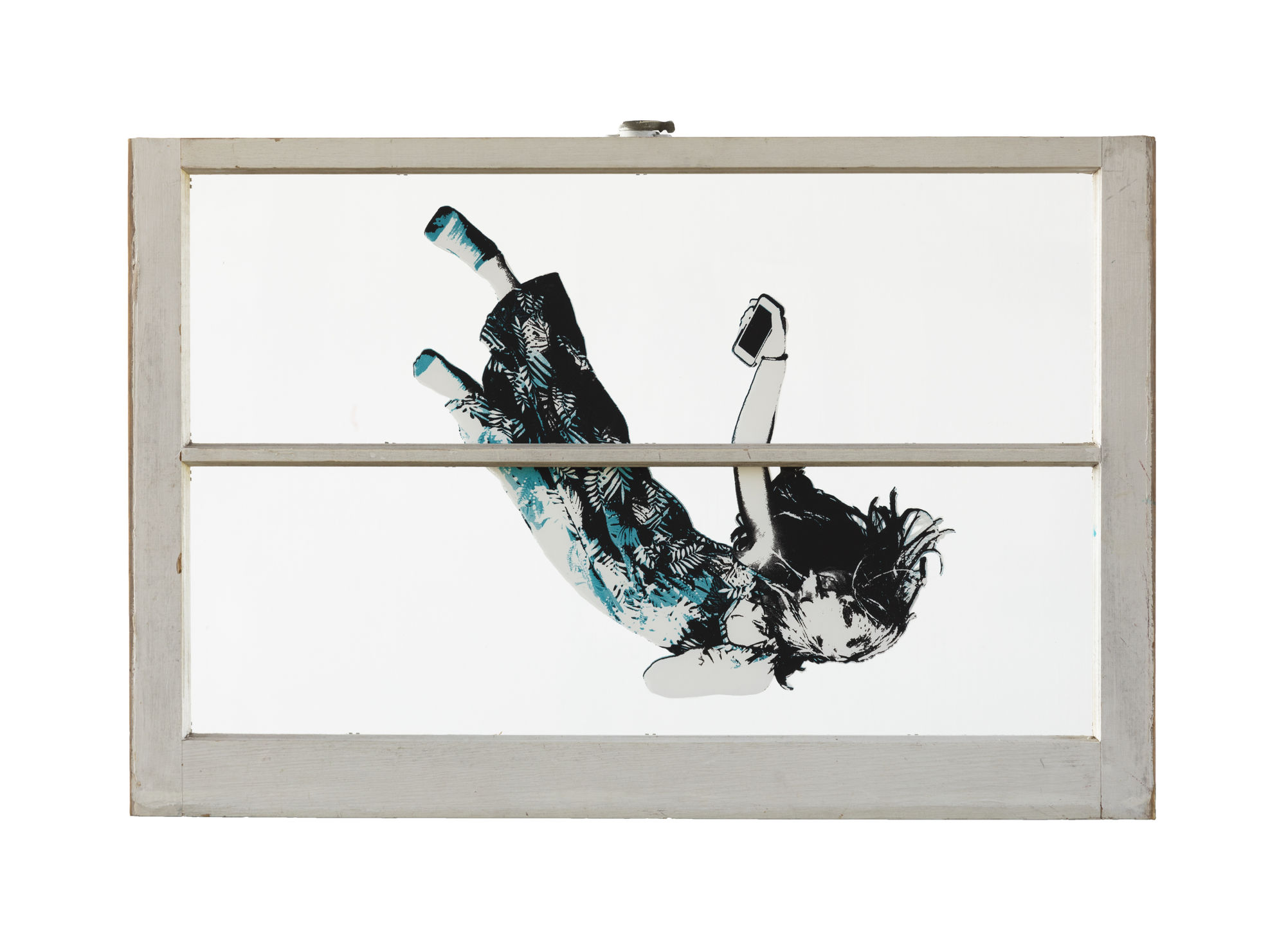 Scott Avett Falling Girl (Blue, 2 Pane Window), 2018 Silkscreen on plexiglass (double sided), mounted in vintage farmhouse window 24 x 36 in 61 x 91.4 cm