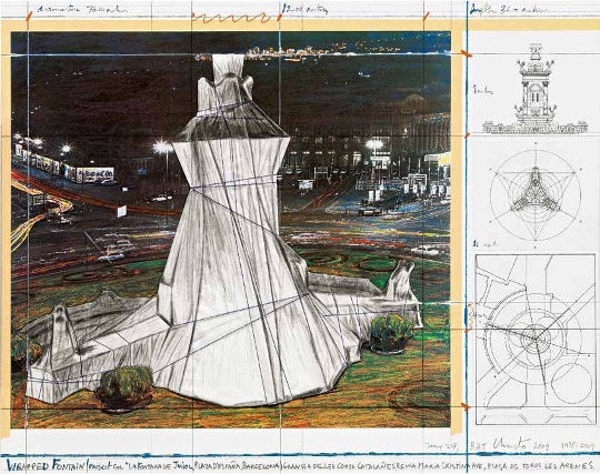 Christo Wrapped Fountain, Project for La Fontana de Jujol, Plaza de Espa&ntilde;a, Barcelona, 2009 Lithograph and collage of cloth, cardstock and twine 22 x 28 1/4 in 55.9 x 71.8 cm Edition of 200 copies + 30 HC + XXXV AP