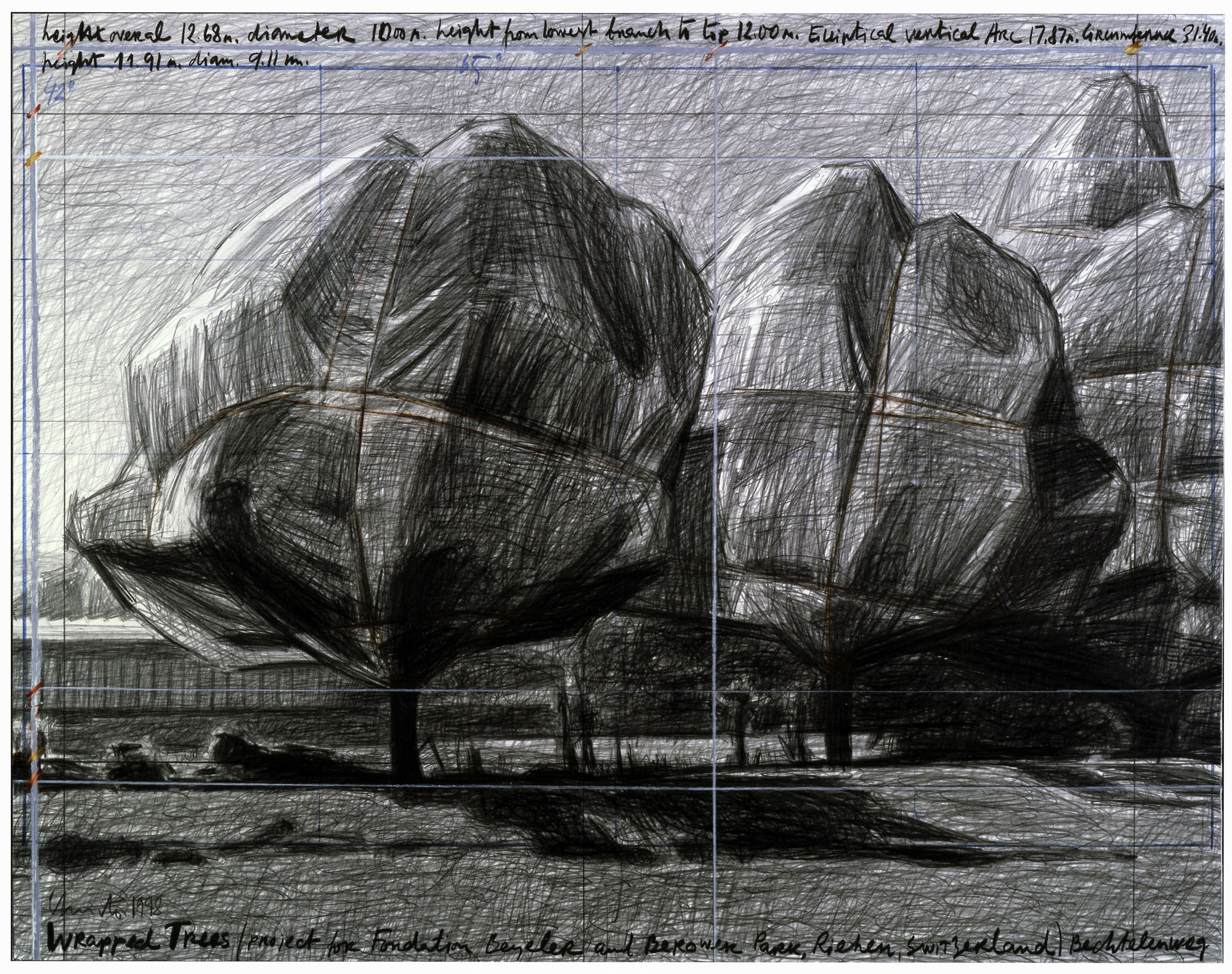 Christo Wrapped Trees (Project for Fondation Beyeler and Berower Park, Riehen, Switzerland), 1988 Graphite and wax crayon on paper 22 x 28 in 55.9 x 71.1 cm