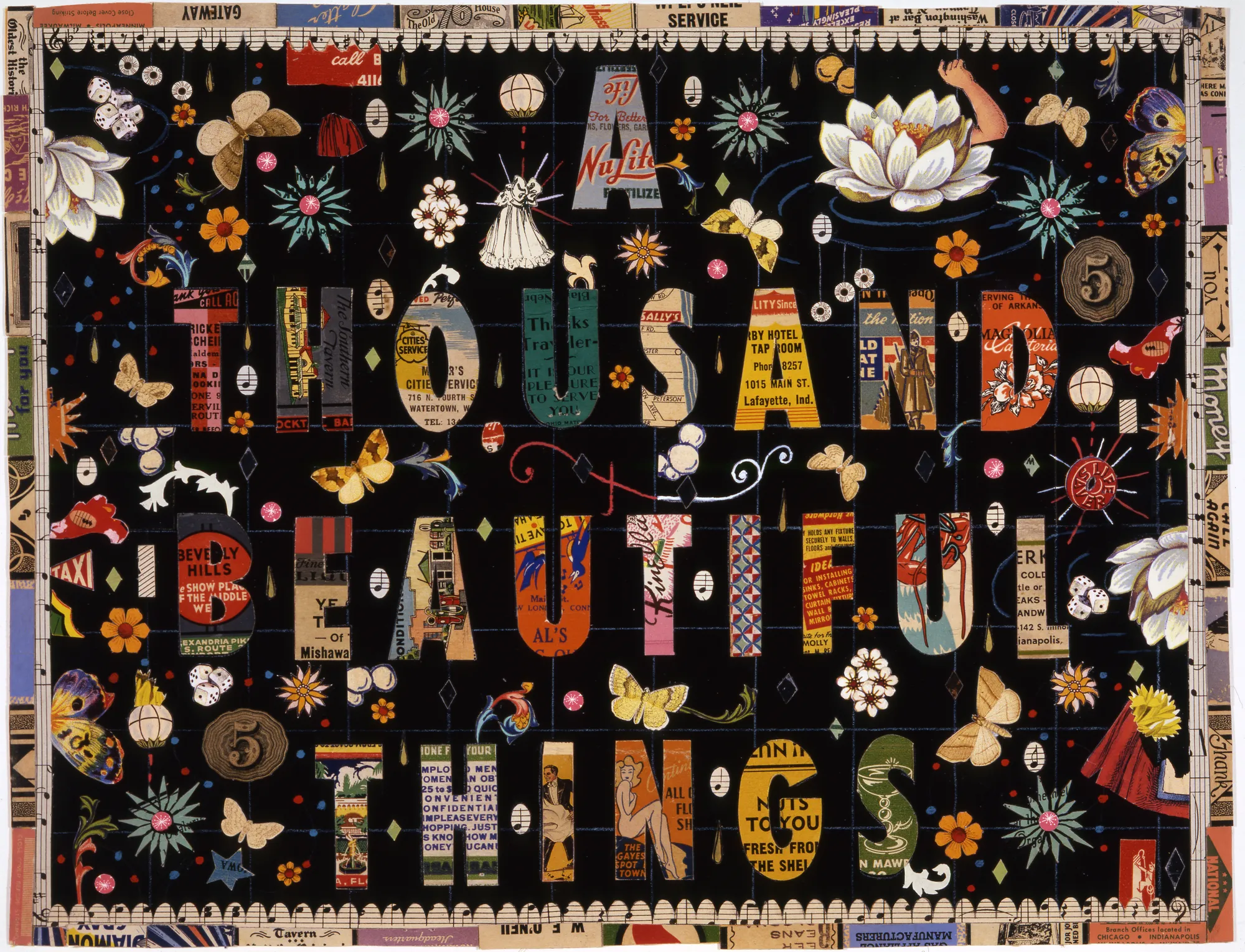 Tony Fitzpatrick A Thousand Beautiful Things, 2009 Hand and machine quilted, dyed satin wedding fabric. 56 x 73 inches Edition of 9 plus 3 PP