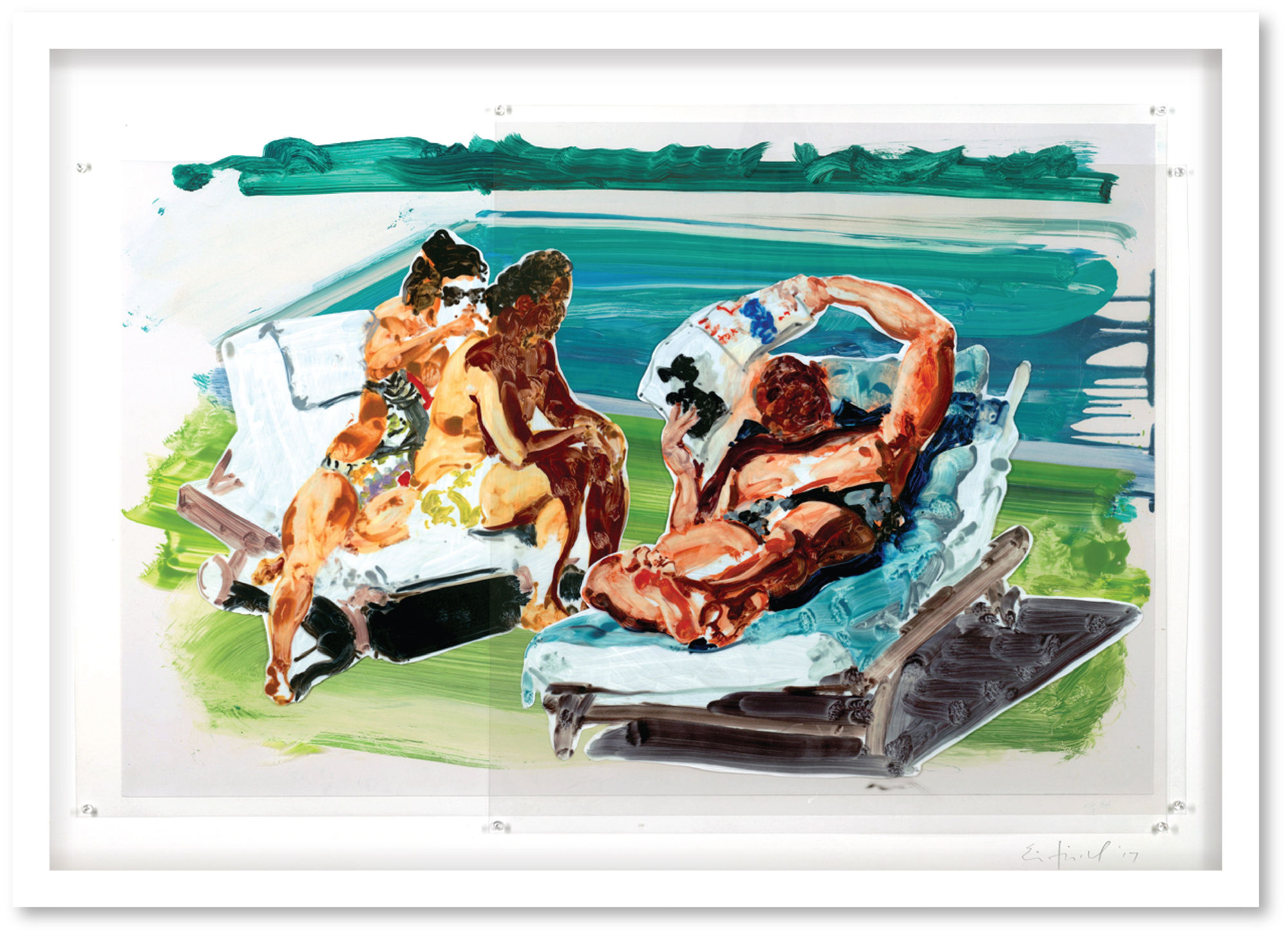 Eric Fischl Untitled (Poolside Loungers), 2017 Sublimation on Mylar with Pins and Digital Pigment Print on Paper, Mounted to Acid-free Board 34.5 x 48.5 in, 83.8 x 119.4 cm, Edition of 9 plus 1 AP, 1 TP 65 x 90 1/2 in, 165.1 x 229.9 cm, Edition of 5 plus 1 AP, 1 TP
