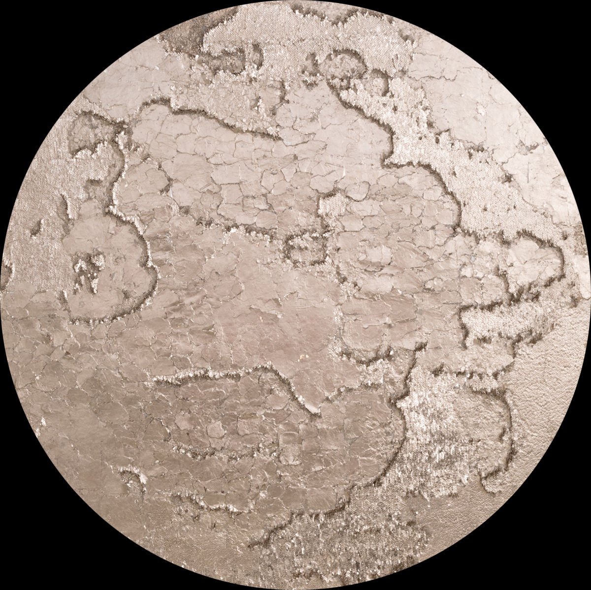 Large round painting with thick metallic texture.