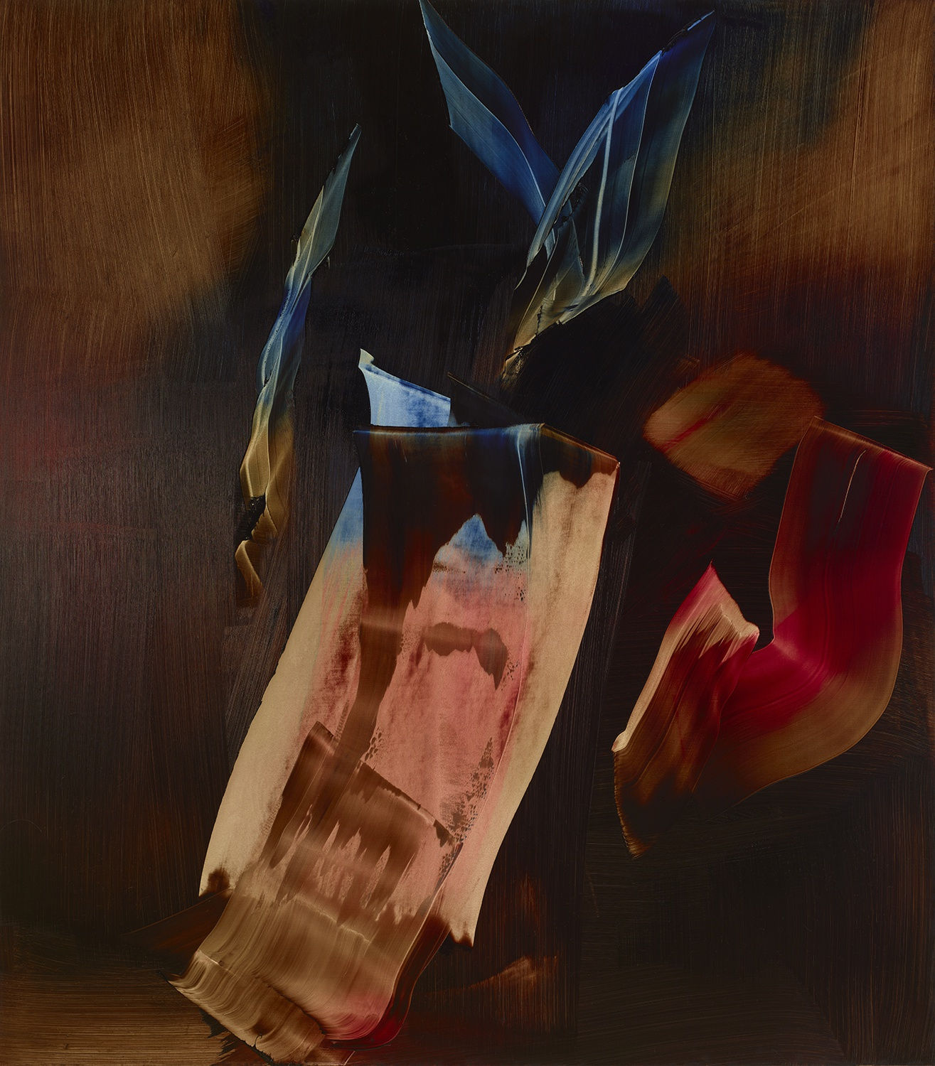 Abstract painting with dark colors on a rectangular canvas. Wide brushstrokes and smooth texture.