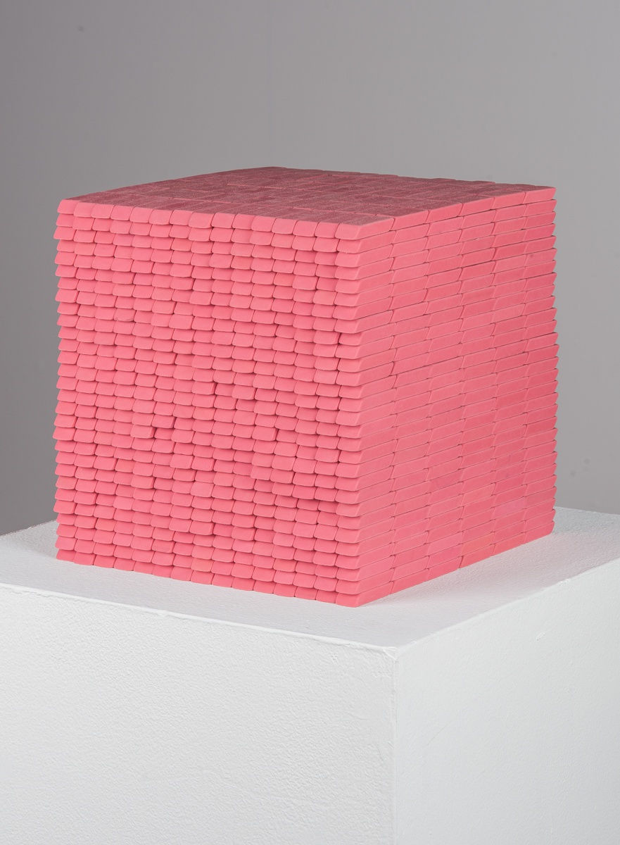 Joel Swanson, How Many Pink Pearl Erasers would it Take to Create a Perfect Cube?, 2019