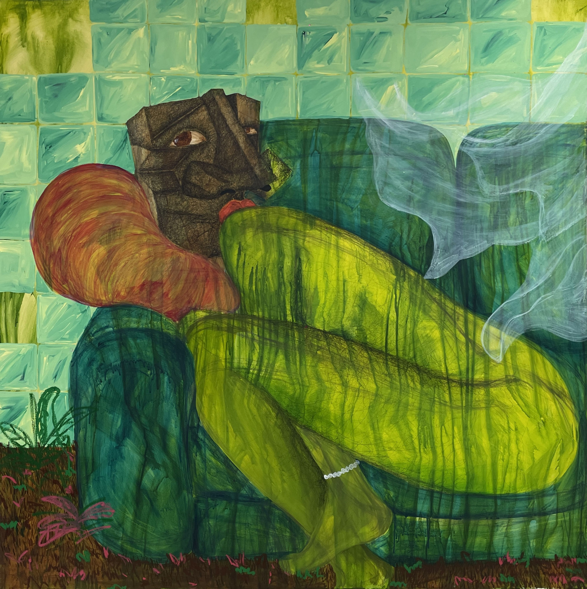 AYANFE OLARINDE HALFWAY TO PARADISE II INK ACRYLIC AND OIL PASTEL ON CANVAS 48 X 48 INCHES 2023