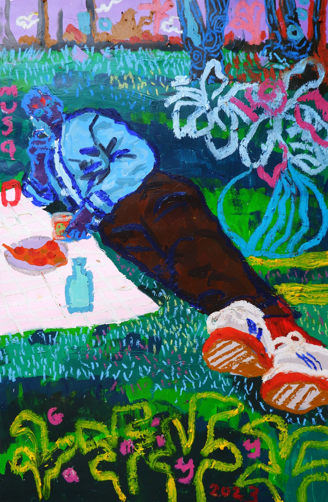 MUSA GANIYY ON A FIELD OF VAST HOPE AND ROMANCE ACRYLIC AND OIL PASTEL ON PAPER 35 X 24 INCHES 2023