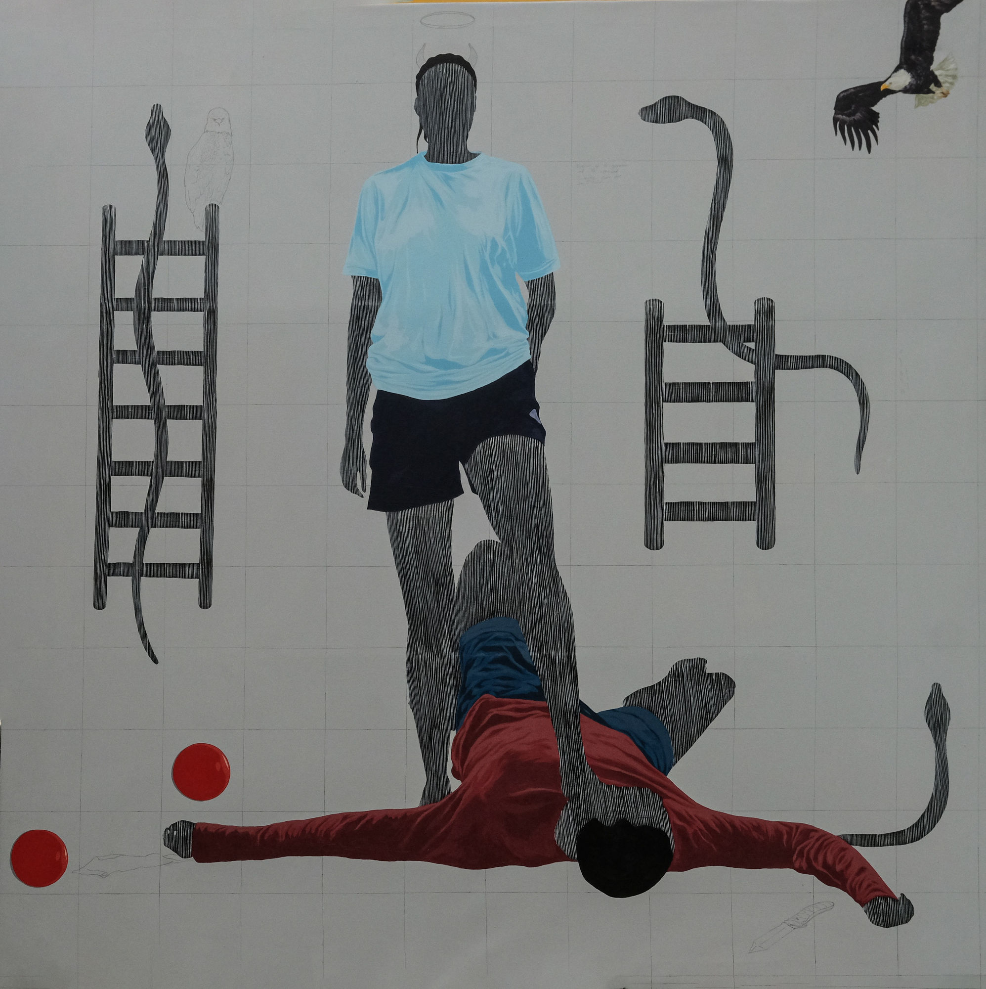 AMEH EGWUH UNDER MY FEET PORTRAIT OF THE OPPRESSED AND THE OPPRESSOR 2023 ACRYLIC AND GRAPHITE ON CANVAS 72 X 72 INCHES