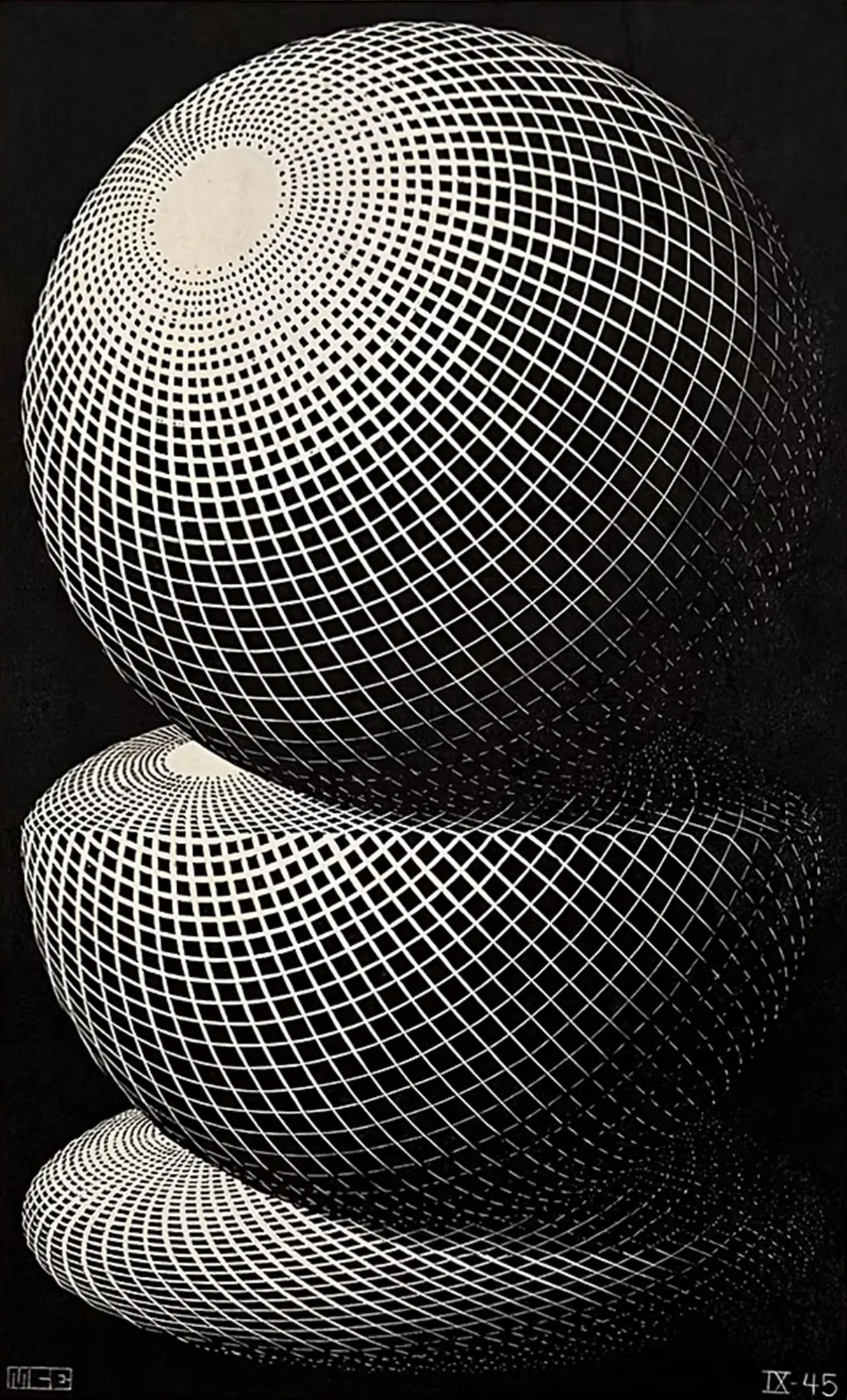 M.C. Escher (1898–1972) Three Spheres I, 1945 Wood engraving Initialed and dated in block 11 x 6 3/8 in (27.9 x 16.2 cm)