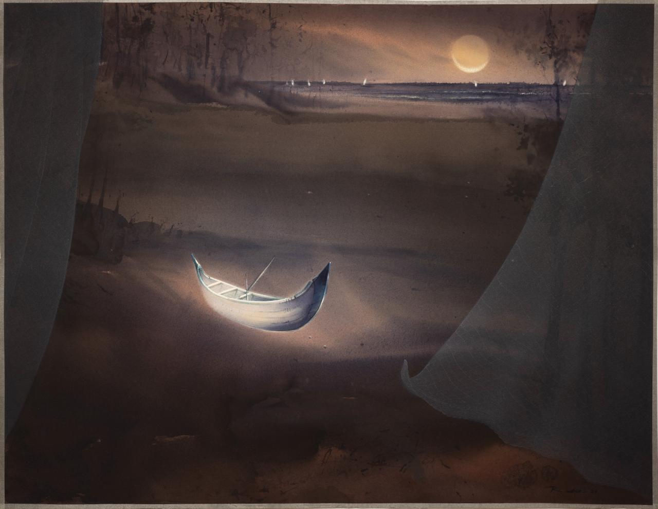 Bholanath Rudra (b.1984) The Golden Boat II Watercolour on paper 44.29 x 55.11 in. (112.5 x 140 cm.) 2024, Kolkata