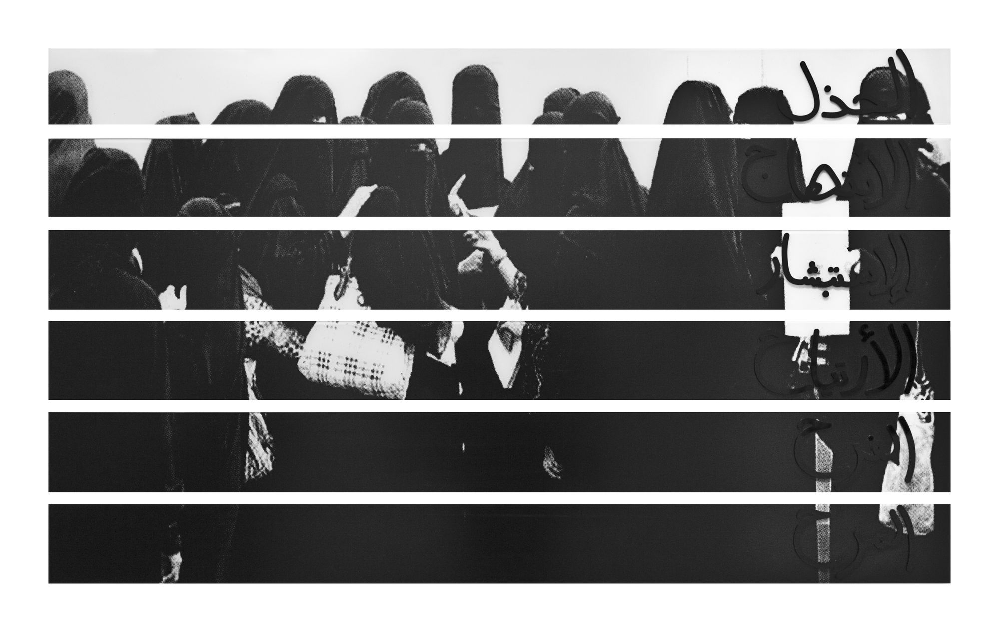 HAPPINESS | السعادة 2013 ARCHIVAL GICL&Eacute;E PRINTS ON HAHNEMULE PAPER DISECT MOUNTED INTO STRIPS WITH ACRYLIC LETTERING SIZES VARIABLE. EDITIONS 3 + AP | أرشيفية جيكليت مطبوع على قطعة ورق هانيمول مثبتة في شرائط بأحجام حروف أكريليك متغيرة. إصدارات 3 + AP