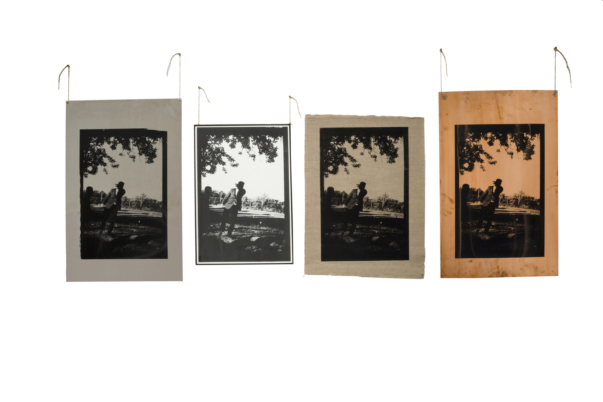 The Throw | الرميه 2015 Silkscreen Ink on Canvas, Paper, Aluminium, and Copper | حبر حريري على قماش وورق وألومنيوم ونحاس 45 x 70, 45 x 60, 45 x 70 37 x 52 cm