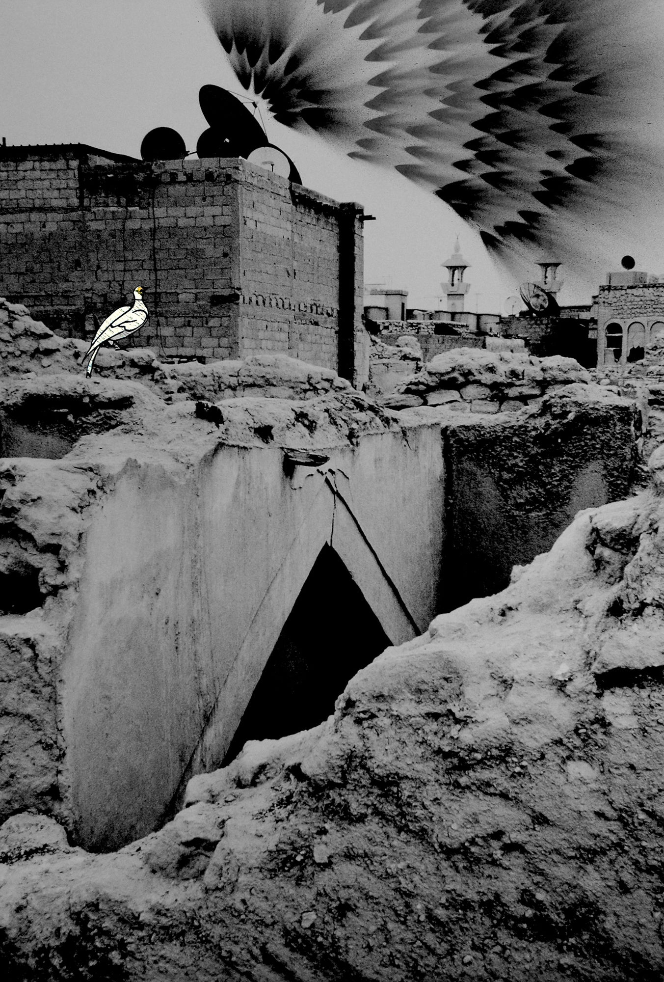 SATELLITE HALLUCINATIONS II | هلوسات الستالايت 2 2010 Archival Gicl&eacute;e Prints on Hahnemule paper Mounted on Dibond, spray paint, and collage | مطبوعات GICL&Eacute;E المحفوظة على ورقة HAHNEMULE مثبتة على سندات ديبوند وطلاء رذاذ وكولاج 152 x 101 x 2 cm