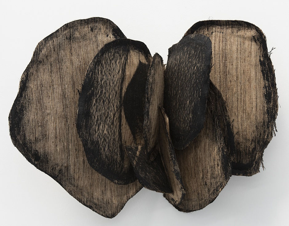 THE PAST DREAMS OF THE FUTURE V | احلام الماضي للمستقبل ٥ 2022 TUSSAR SILK, SILKSCREEN INK, ACRYLIC PAINT | حرير توسار، حبر حريري، طلاء أكريليك، طين 48 X 64 X 21 CM