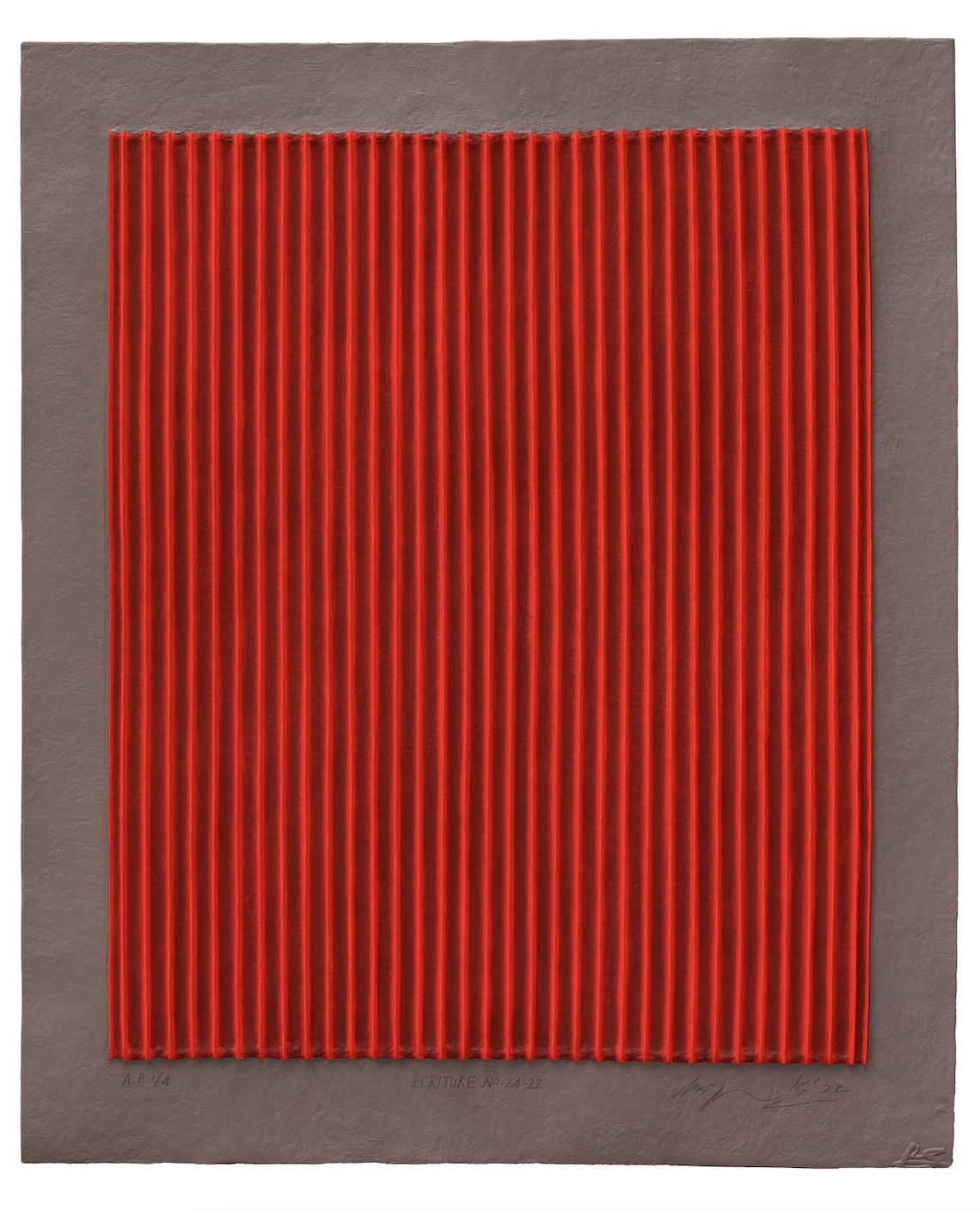 Park Seo-Bo Ecriture No. 24-22 Edition of 30 (#15/30), 2022 Relief print with korean hanji paper and hand-coloring 65 x 54 cm $30,000